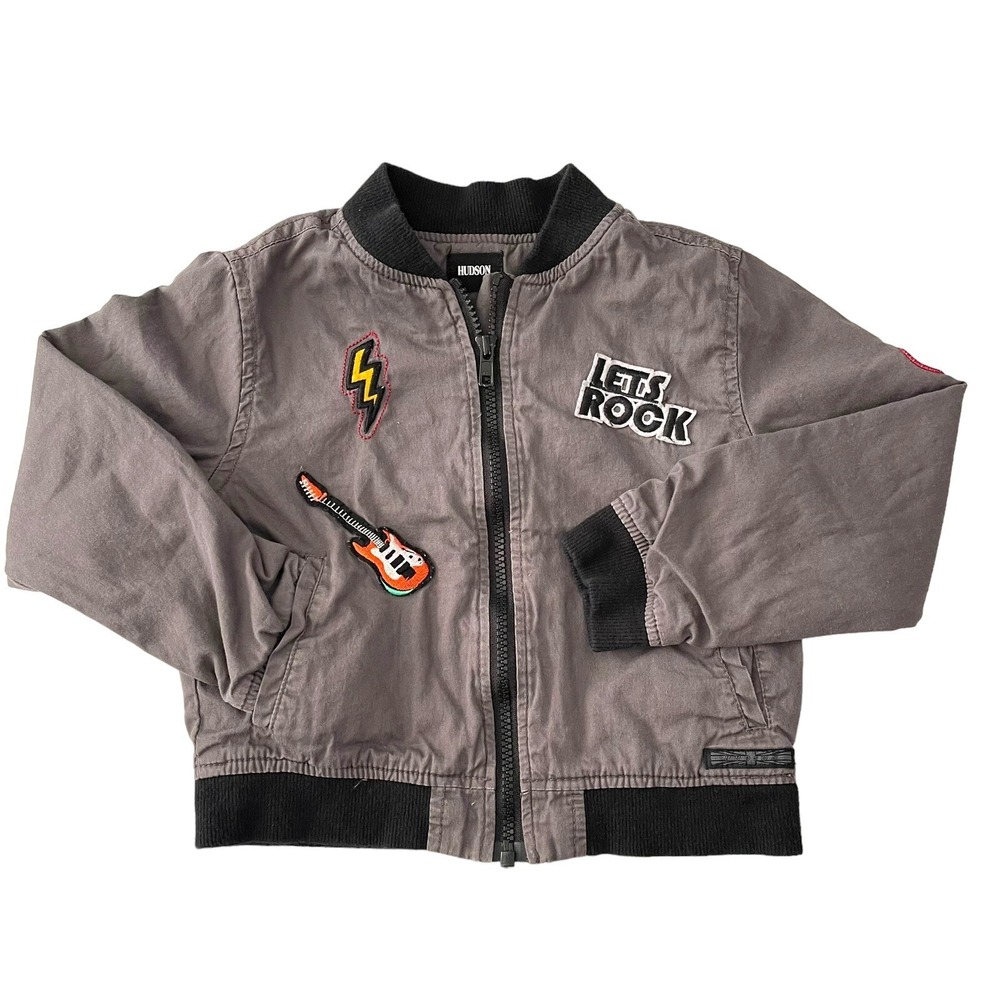 Hudson Bomber Jacket Kids Size 5 Gray Rock N Roll Patch Full Zip Edgy Punk